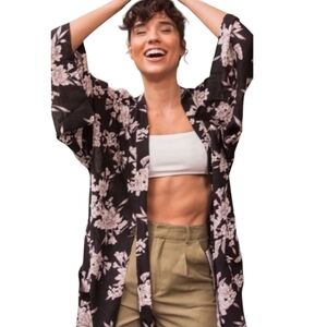 Spiritual Gangster Maya Tie Front Kimono Cover Up Black Floral OS